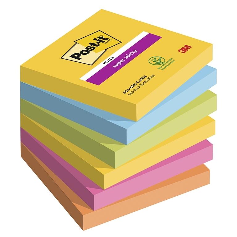 3M Post-It Super Sticky Carnival Notas Adhesivas 76x76 mm, Pack 6 Blocs, 90 Hojas/Bloc