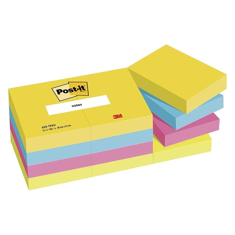 3M Post-It Energetic Notas Adhesivas 38x51 mm, Pack 12 Blocs, 100 Hojas/Bloc Colores Surtidos
