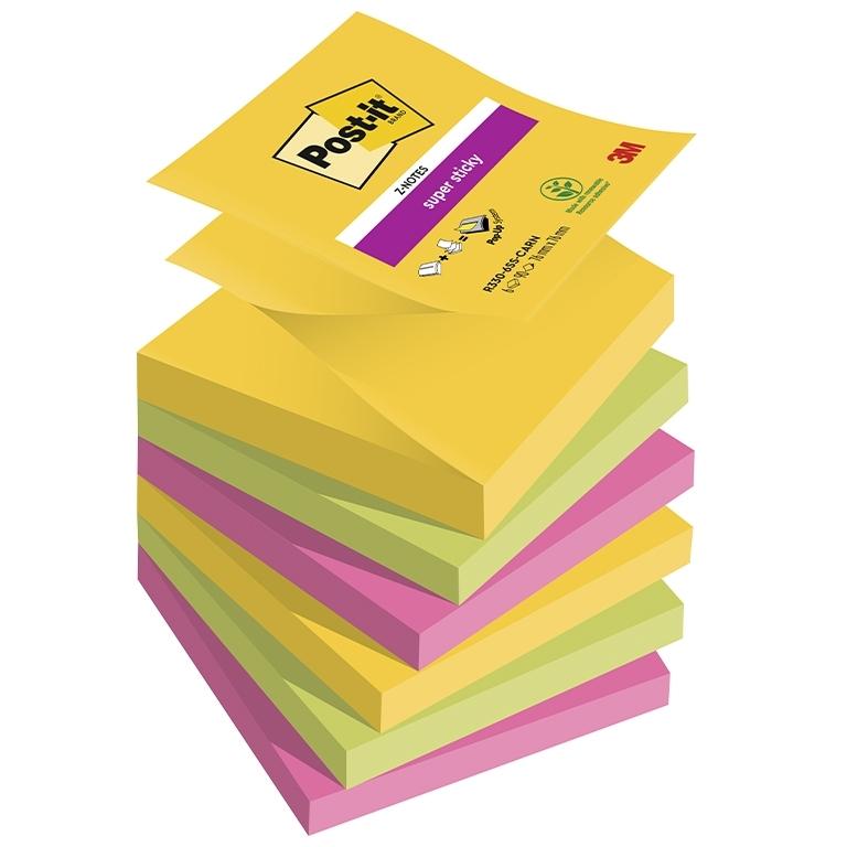3M Post-It Energy Boost Super Sticky Notas Adhesivas Recicladad 76x76 mm, Pack 6 Blocs, 90 Hojas/Blo