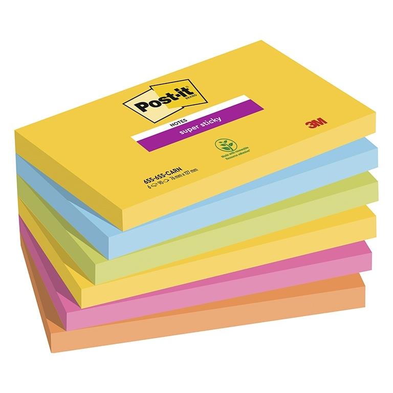 3M Post-It Super Sticky Rio De Janeiro Notas Adhesivas 76x127 mm, Pack 6 Blocs, 90 Hojas/Bloc