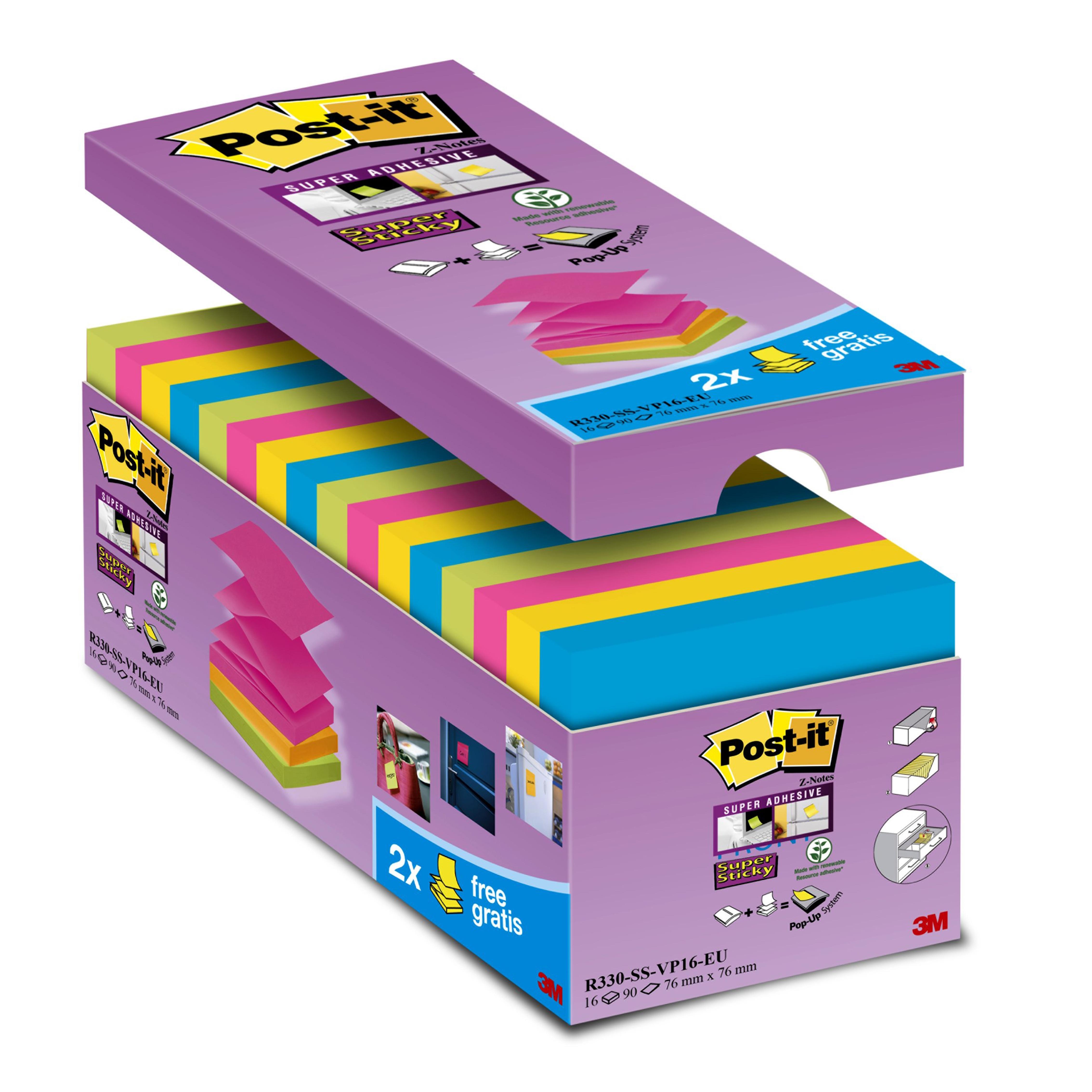 3M Post-It Super Sticky Notas Adhesivas Recicladas 76x76 mm, Pack Ahorro 16 Blocs, 100 Hojas/Bloc