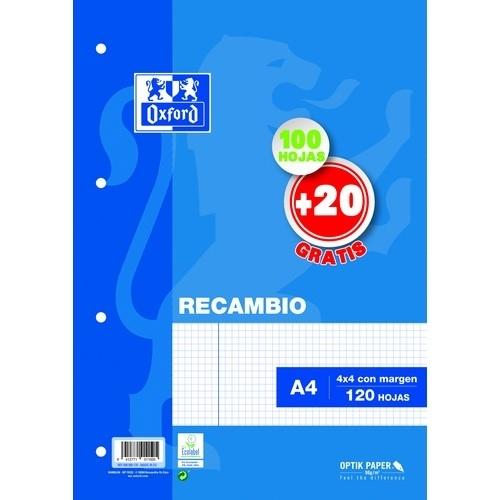 Oxford Recambio Hojas A4 Cuadrícula 4mm 4 Taladros 120 Hojas