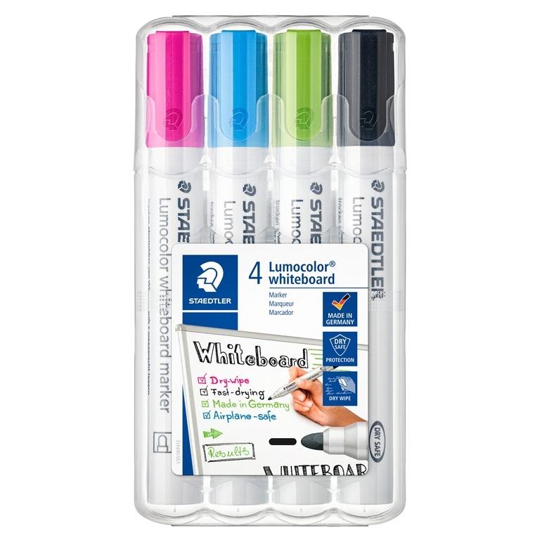 Staedtler Lumocolor 351-S Estuche 4 Rotuladores Pizarra Blanca Punta Biselada 2 mm Colores Surtidos