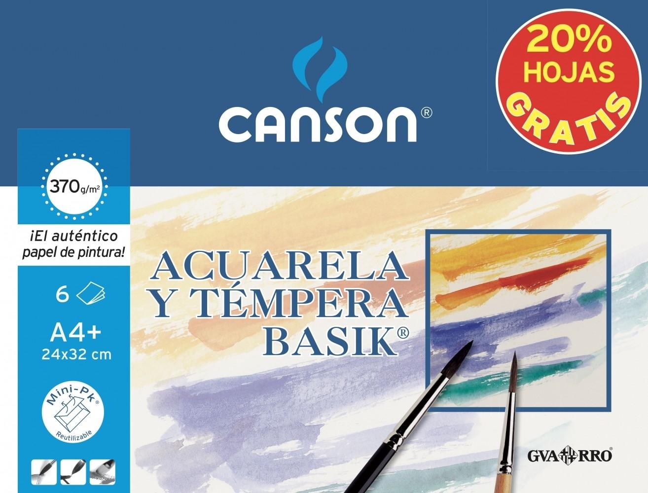 Papel dibujo acuarela A4+ 24x32 370 gramos 6 hojas 20% Hojas GRATIS Minipac Basik Canson