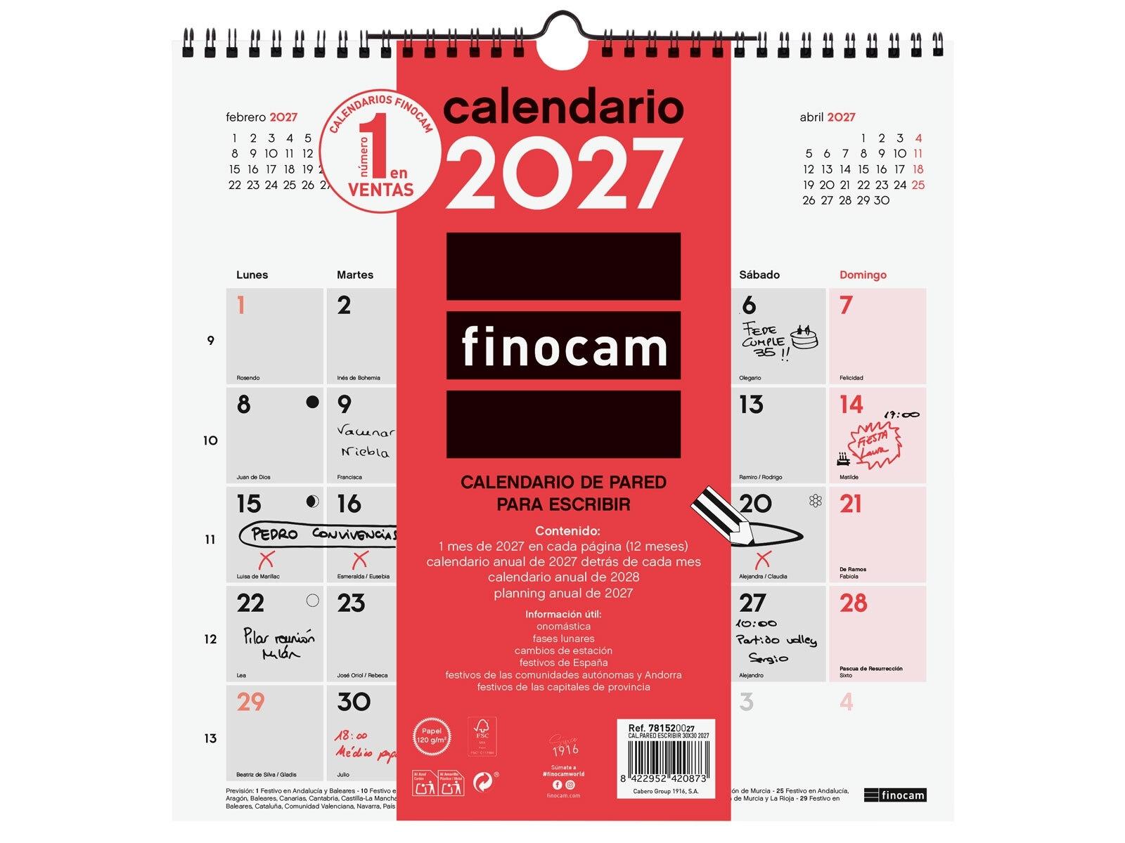 Finocam Calendario Pared Escribir 30X30 2027+