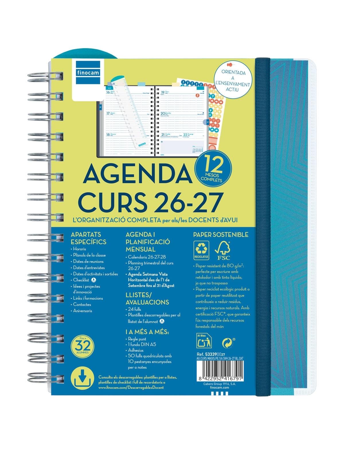 Finocam Agenda Docente Magistral Personalizable 1/4 Semana Vista Horizontal 26-27 Azul Catalán