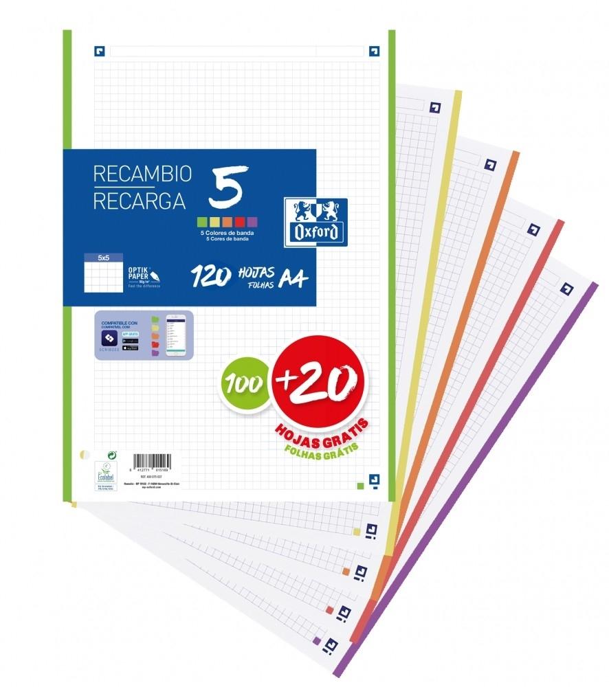 Oxford Recambio Hojas A4 Cuadrícula 5mm 4 Taladros 120 Hojas 90g Bandas 5 Colores Vivos