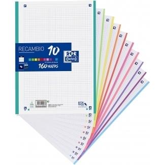 Oxford Recambio Hojas A4 Cuadrícula 5mm 4 Taladros 160 Hojas 90g Bandas 10 Colores Vivos