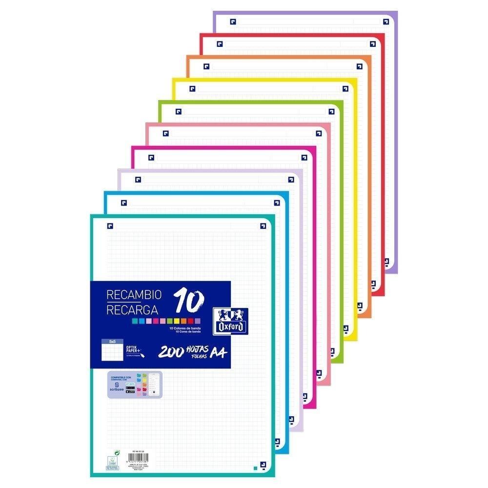 Oxford Recambio A4 Cuadrícula 5mm 200 Hojas 90g Bandas 10 Colores Vivos
